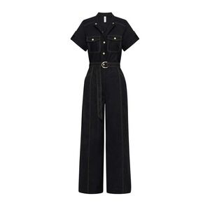 Kivari Womens $240 Ebony Utility Wide Leg Linen Blend Belted Black Jumpsuit Sz 4